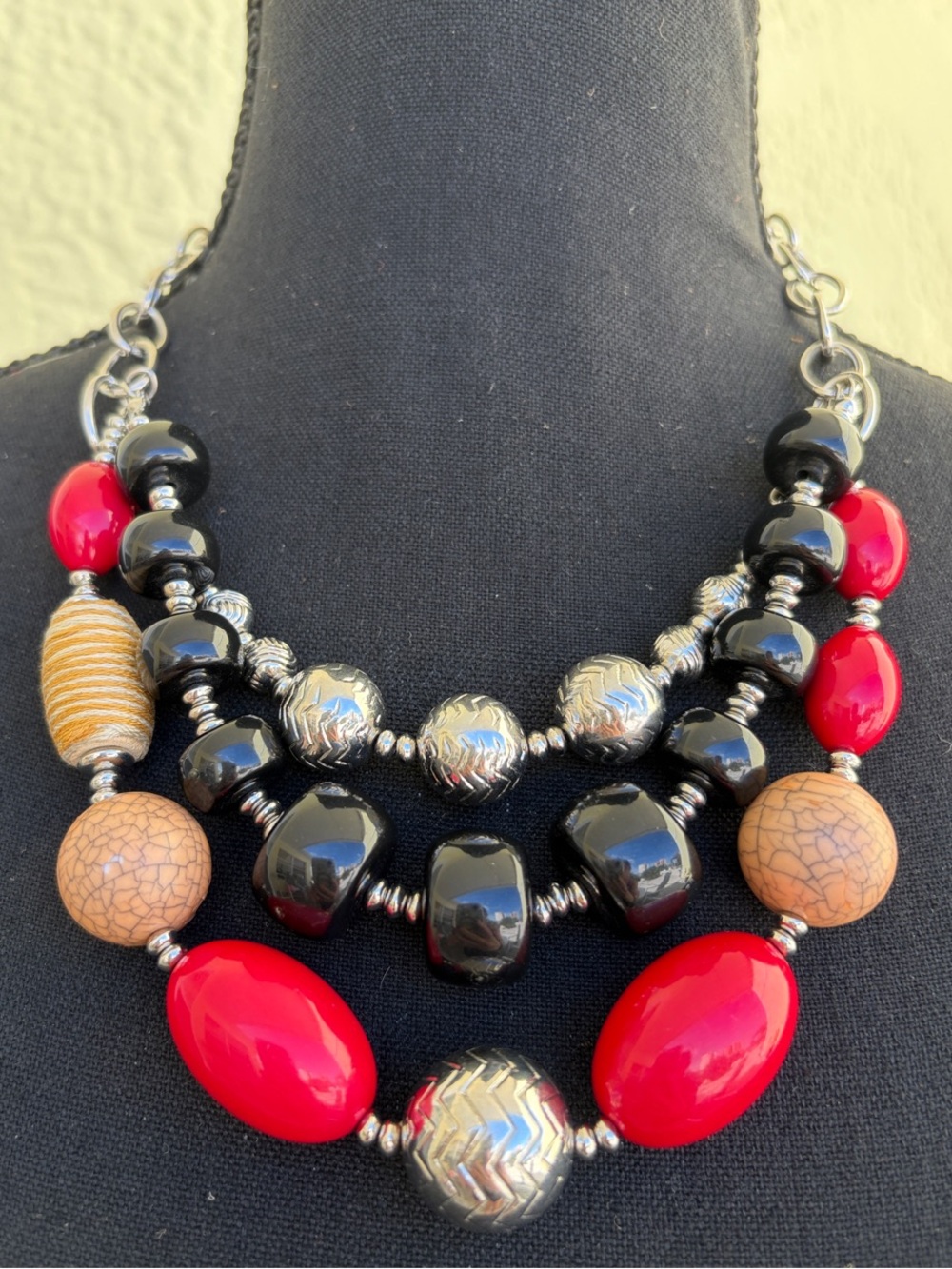 Chico’s Multi-Strand Black, Red & Tan Statement Necklace